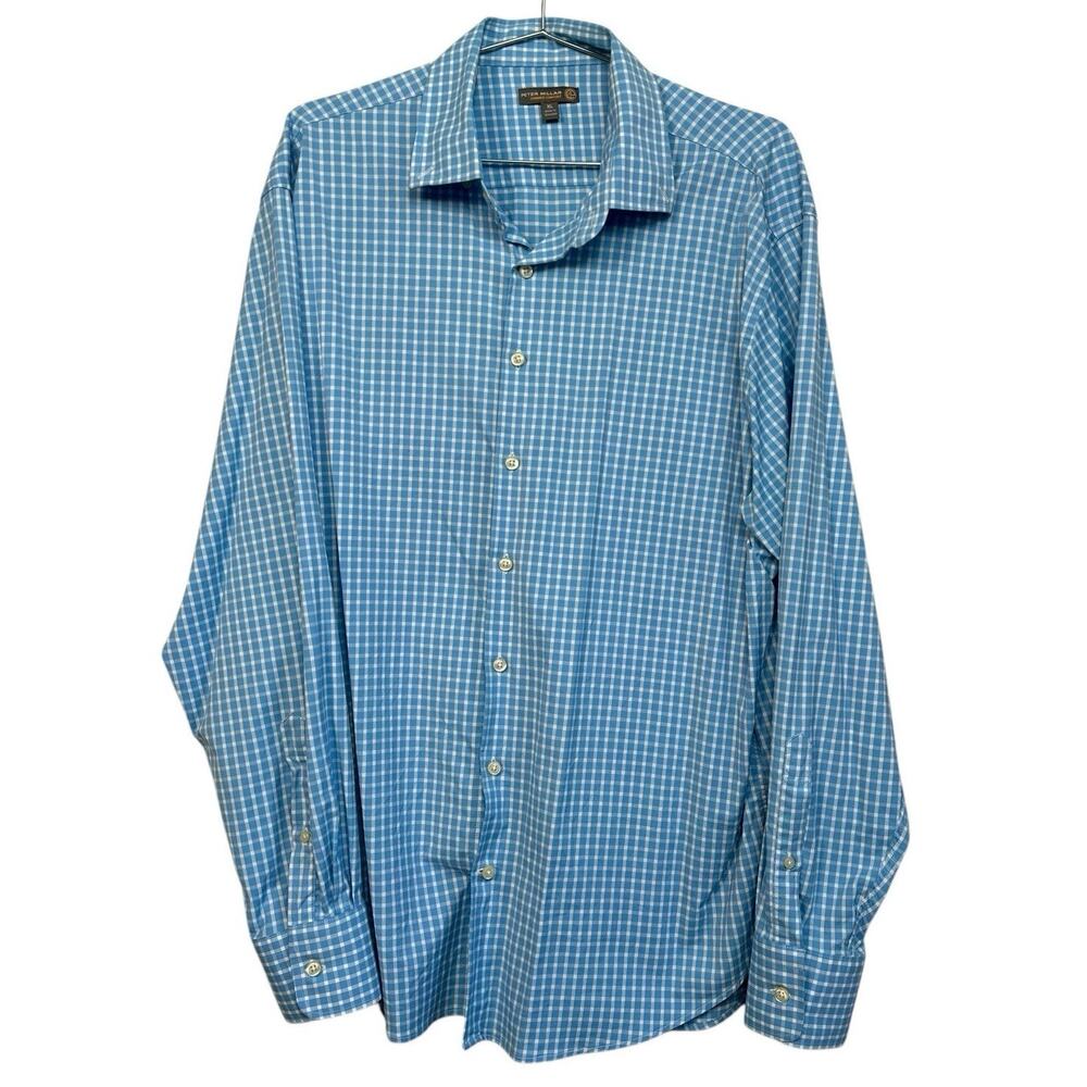 Peter Millar Men’s Light Blue Plaid Summer Comfort Long Sleeve Button Down XL